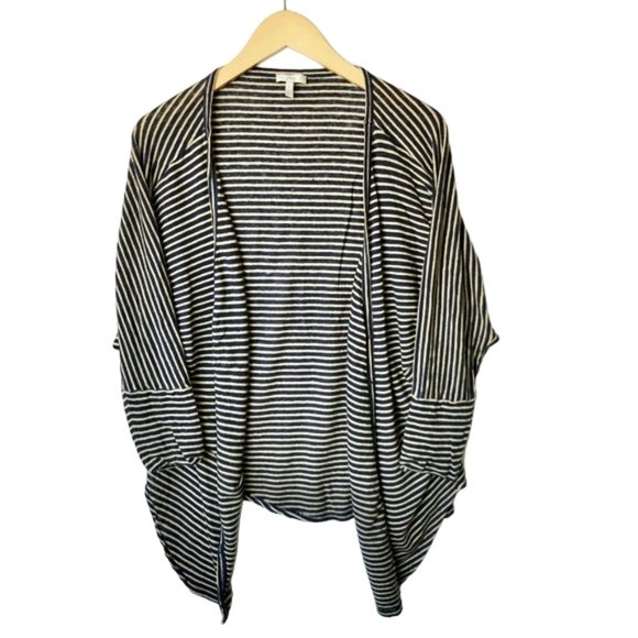 Joie Linen Striped Cardigan Button Front Longline V-neck Dolman Navy Tan - L - Picture 2 of 8